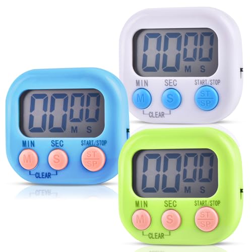 Temporizador de 3 Piezas, Temporizador Digital LCD para Cocina, Soporte Plegable e imán, cronómetro para cocinar, Hornear, Deportes, niños y Estudios (Azul, Blanco, Verde)