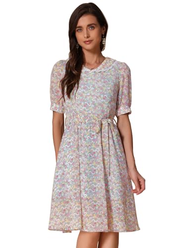Image of Allegra K Women's Vintage Peter Pan Collar High Waist Flowy Midi Puff Sleeve Floral Dress
