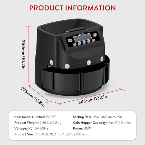 PONNOR Coin Counter Machine Sorter Change and Wrapper Roller Counting Organizer Sorts up to 300 Coins Per Minute Automatically Sorts and Batches - Black by PONNOR - Image 9