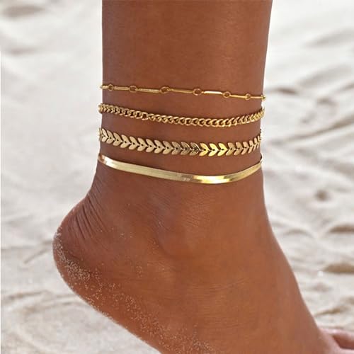 Image of HAXIYA Waterproof Gold Anklets for Mom, Mothers Day Gifts Mama Dainty 18K Gold Plated Anklets Layered Cuban Link Chain Herringbone Cute Anklets Set Summer Beach Jewelry Gift for Women