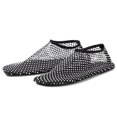 Arqa Crystals Mesh Flats for Women Rhinestone-Embellished Fishnet Sock Ballet Flat Shoes Comfort Casual Ballerina Shoes