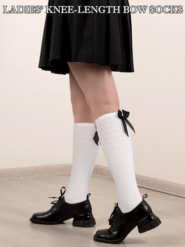 Image of Fourluoo 6 Pairs Women Ruffle Crew Socks with Bow Cute Retro Mid-calf Socks Breathable Cotton for Spring Summer Casual Daily