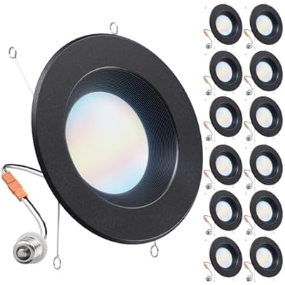 Sunco 12 Pack 5CCT Black LED Recessed Lighting 6 Inch, 2700K/3000K/3500K/4000K/5000K Selectable, Dimmable Can Lights, Baffle Trim, 13W=120W, 869 LM, Damp Rated, Retrofit Installation - UL Listed