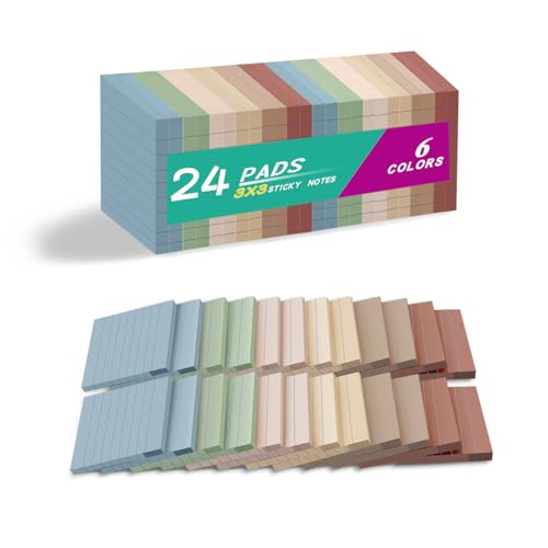 (24 Pack) Lined Sticky Notes 3x3 in,Notepads with Lines,Ruled Stickies Super Sticking Power,Office School Memo Note Pads Vintage Colors,Post on Windows Doors,Recyclable,Easy to Write on