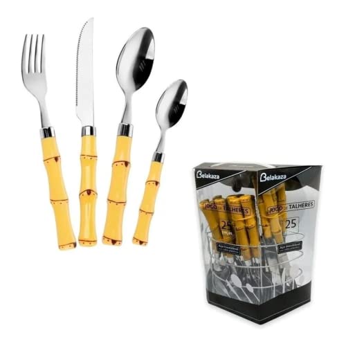 Conjunto Talheres Faqueiro Estilo Bambu 24 Pç + Suporte Inox