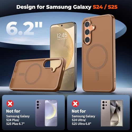 Image of SUPFINE Magnetic for Samsung Galaxy S24 Case / S25 Case with Screen Protector, (Built-in Magnets) (Military Grade Drop Protection) Slim Translucent Shockproof Phone Case,Brown