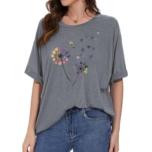 Oversized T-Shirt for Women Summer Short Sleeve Casual Basic Tee Tops Loose Fit Shirts (Dandelion Print Grey, S)