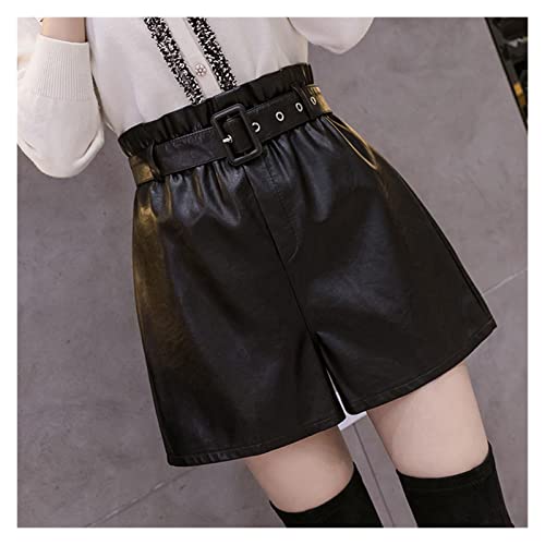 Short en cuir PU noir pour femme avec taille haute élastique automne hiver