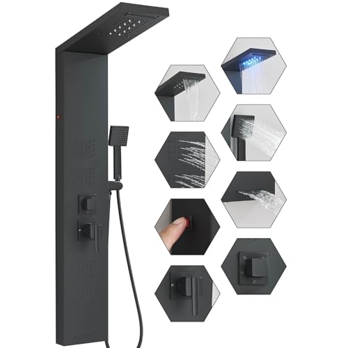 FUZ Shower Panel Tower System, Stainless Steel 5 IN 1 Shower Panel System with LED Fancy Rain Shower Head and Handheld, Adujstable Rainfall Massage Body Jets and Tub Spout, Matte Black Shower Tower