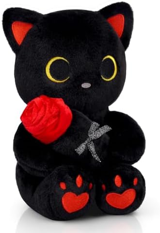 Black Cat Plush Holding Rose, 8 Inch Kawaii Valentines Plushies w...