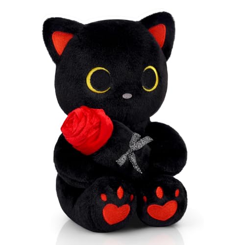Image of Black Cat Plush with Rose- 8 inch Kawaii Stuffed Cat Gifts for Women Cute Stuffed Animal for Kids & Adults, Mother Day Mom Birthday Wedding