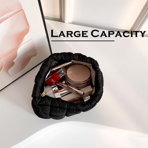 Puffy Quilted Makeup Bag for Women, Cosmetic Bag, Travel Toiletry Organizer Pouch Clutch (black)3