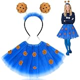 Velmitten 2 Pcs Halloween Cookie Costume for Women Men Monsters Costume Include Headband Blue Tutu with Chocolate Chip(L)
