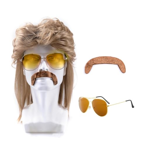 Ninnyi 3 Piece Set Brown 80s Mens Wig Retro Pop Rock Curly Mullet Wigs for Men Halloween Costume Party Accessories