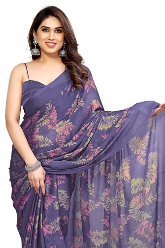 MIRCHI FASHION Women's Chiffon Leaf Printed Saree with Blouse Piece (49722 - Purple, Magenta,Olive Green)
