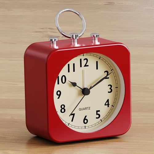 Image of AYRELY Small Metal Alarm Clock, Desk and Table Clock for Travel | Battery Operated Retro Silent Clock with Light for Bedroom, Bedside, Shelf and Living Room Decor (Red)