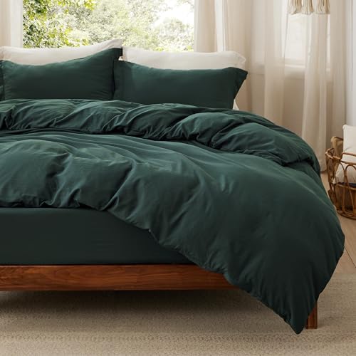 Image of Bedsure Duvet Cover Queen Size with Fitted Sheet - 4 Pieces Prewashed Cotton-Like Polyester Extra Soft Bedding Set, Includes 1 Duvet Cover 90x90 Inches, 2 Pillow Shams, 1 Fitted Sheet, Forest Green