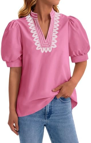 Cicy Bell Womens Puff Short Sleeve Blouses Summer Casual Dressy Embroidered V Neck Tops Loose Fit Tee Shirts