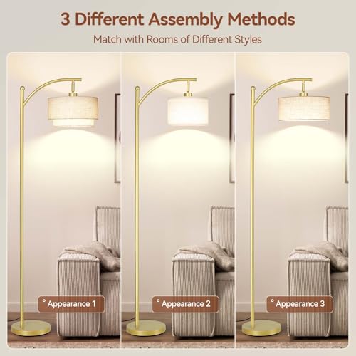 Image of SUNMORY Floor Lamps for Living Room with 12W LED Bulb, Arc Lamp with 3 CCT | Modern Floor Lamps with Adjustable Double Fabric Shades, Industrial Arched Lamp, Tall Standing Lamp for Bedroom, Corner