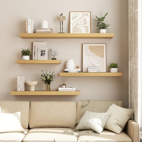 Image of Dreamland Floating Shelves for Wall,8 Inch Deep Floating Shelves,24 inch W x 8 inch D Wall Shelves for Bedroom, Living Room, Kitchen, Bathroom,Oak Color,Set of 2