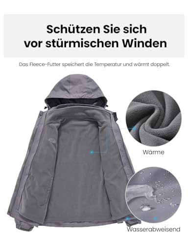 donhobo Damen Jacken 3-in-1 Fleece Gefüttert Winterjacke Winddicht Warm Verdickte Softshelljacke Wasserdicht Outdoor Wanderjacke Funktionsjacke Grau L