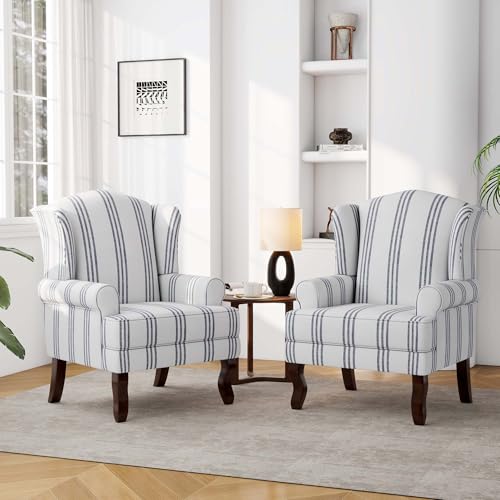 DREAMSIDEA Accent Chair, High Back Upholstered Armchair with High Resilience Sponge & Wood Legs, Mid-Century Modern Comfy Single Sofa Reading Chairs for Living Room, Bedroom (Stripe Navy, Set of 2)