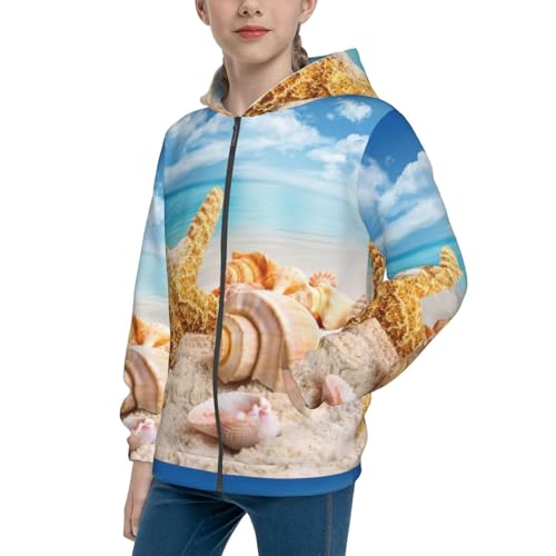 Beach Starfish Shell Kids Pullover Hoodies Boys Zip Up Sweatshirts Girls Athletic Clothes with Pocket