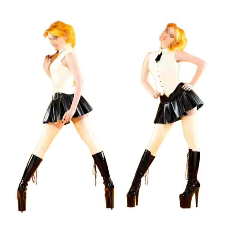 Damen-Latex-Damenkleid, weißer und schwarzer Rock mit Knöpfen, Größe XS-XXL