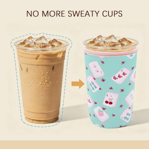 Image of Insulated Neoprene Cup Sleeve for Iced Coffee & Cold Soda - Reusable & Sweatproof, Keeps Drinks Cold Longer, Coffee Coolie for Hot & Iced Drinks (Mahjong, Medium: 22-24oz)