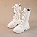 Girls Combat Boots White Lace Up Boots Kids Fashion Mid Calf Combat Riding Boots Side Zipper Waterproof PU Leather Vintage Punk Goth Boot Non Slip Outdoor Military Fall Boot for 4-12 Years