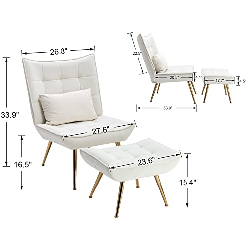 Duomay Modern Accent Chair With Ottoman And Pillow, Velvet Upholstered Leisure Reading Chair And Footrest With Gold Metal Legs, Large Width Living Room Chair For Reading Room Bedroom, Beige #TOP1