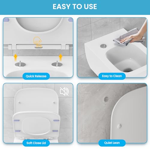 SREWOHS PRO Toilettendeckel mit Absenkautomatik Eckig Weiß, WC Sitz Urea Duroplast, Klobrille Abnehmbar, Klodeckel Befestigung von oben, Einfach zu Reinigen,Toilettensitz Softclose, 42,3 x 36,1 CM