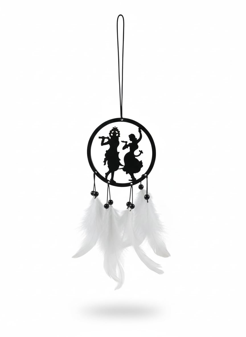 Radha Krishna Acrylic Dream Catcher, Car Hanging with White Feathers,Divine Love Rear View Mirror Decor,Black Silhouette with White Feathers, Car Hanging Ornament, Spiritual Home Decor-image-14