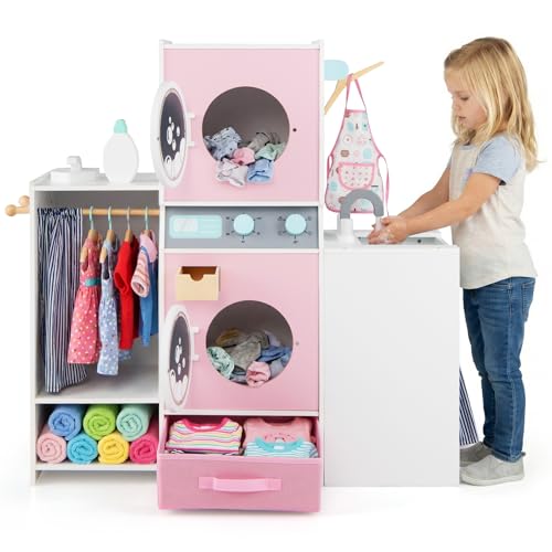 COSTWAY Toy Washing Machine Wooden Kids Washer and Dryer Playset with Hangers Fabric Drawer Toddler Pretend Play Laundry Set for Boys & Girls