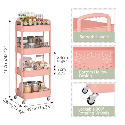 image for Sywhitta 4-Tier Plastic Rolling Utility Cart with Handle, Multi-Functi