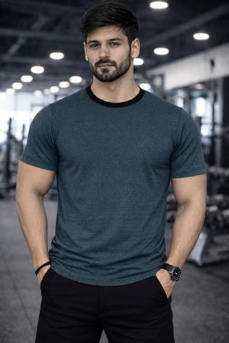 Image of Men's Solid Gym T-Shirt | Slim Fit Gym & Training Tee | Breathable Stretch Fabric | Round Neck Sports Wear for Workout