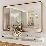 LOAAO 60X30 Inch Bathroom Mirror with Wood Grain Colored Metal Frame, Rounded Rectangle Metal Framed Bathroom Mirror, Anti-Rust, Hangs Horizontally or Vertically, Tempered Glass