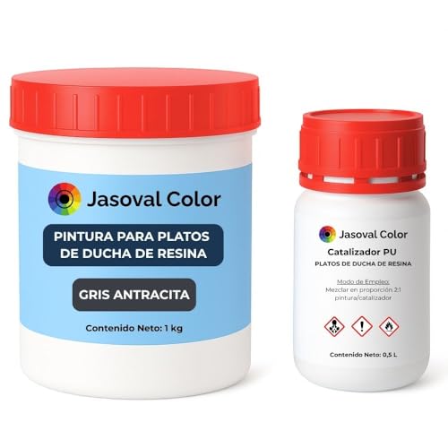 Jasoval Color Pintura Plato Ducha Resina Antideslizante Gris Antracita, Kit Reparacion Plato Ducha Resina, Pintura Antideslizante (1 kg Poliuretano + 0,5 L Catalizador)
