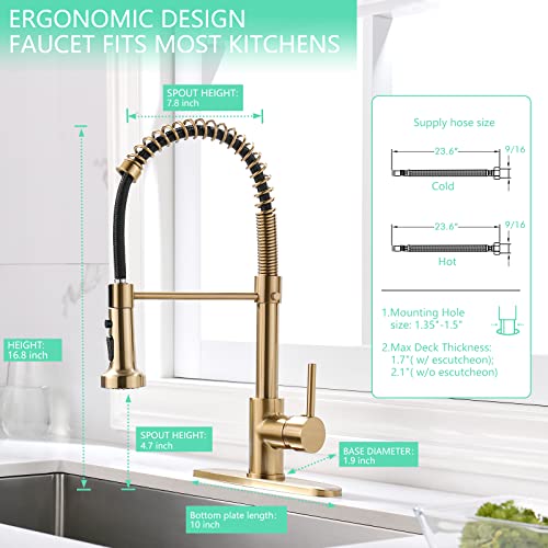 Aimadi Gold Kitchen Faucet With Pull Down Sprayer,Commercial Single Handle Brushed Gold Kitchen Sink Faucet With Deck Plate #TOP5