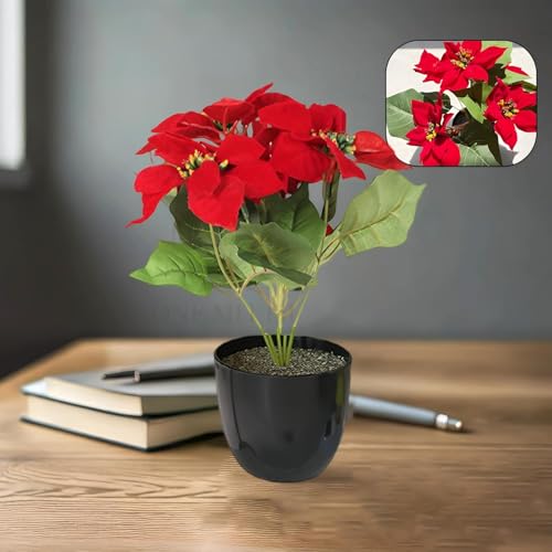 Image of Red Artificial Poinsettia Flower with Pot Decoretion in Home Office Living Room Decore Photography Kitchen Interior Table Centerpiece House Warming Gift Iteam | 30 cm