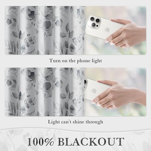 Xwincel HX-LEAFBO52X84GR-2 100% Blackout Curtains Grey Floral Pattern Curtains 84 Inches Long For Bedroom Watercolor Leaf Print Thermal Insulated Drapes For Living Room Darkening Rod Pocket Window Curtains 2 Panels thumb #3