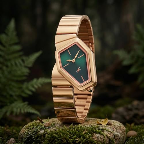 Image of Fastrack Wild Viper-Inspired Unique Shaped Green Dial IP Rose Gold Stainless Steel Strap Watch for Women - 6323WM01