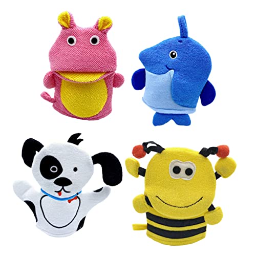 LIFKOME 4 Piezas Guantes de baño de dibujos animados manopla baño juguetes para la piscina esponja de baño para bebé bidé asiento guantes de de dibujos animados toalla de ducha