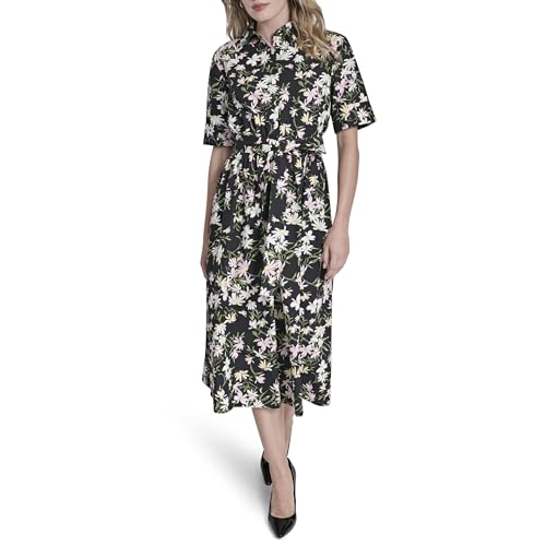 Image of DKNY Women's Short Sleeve Cotton Poplin Collared Midi Shirtdress
