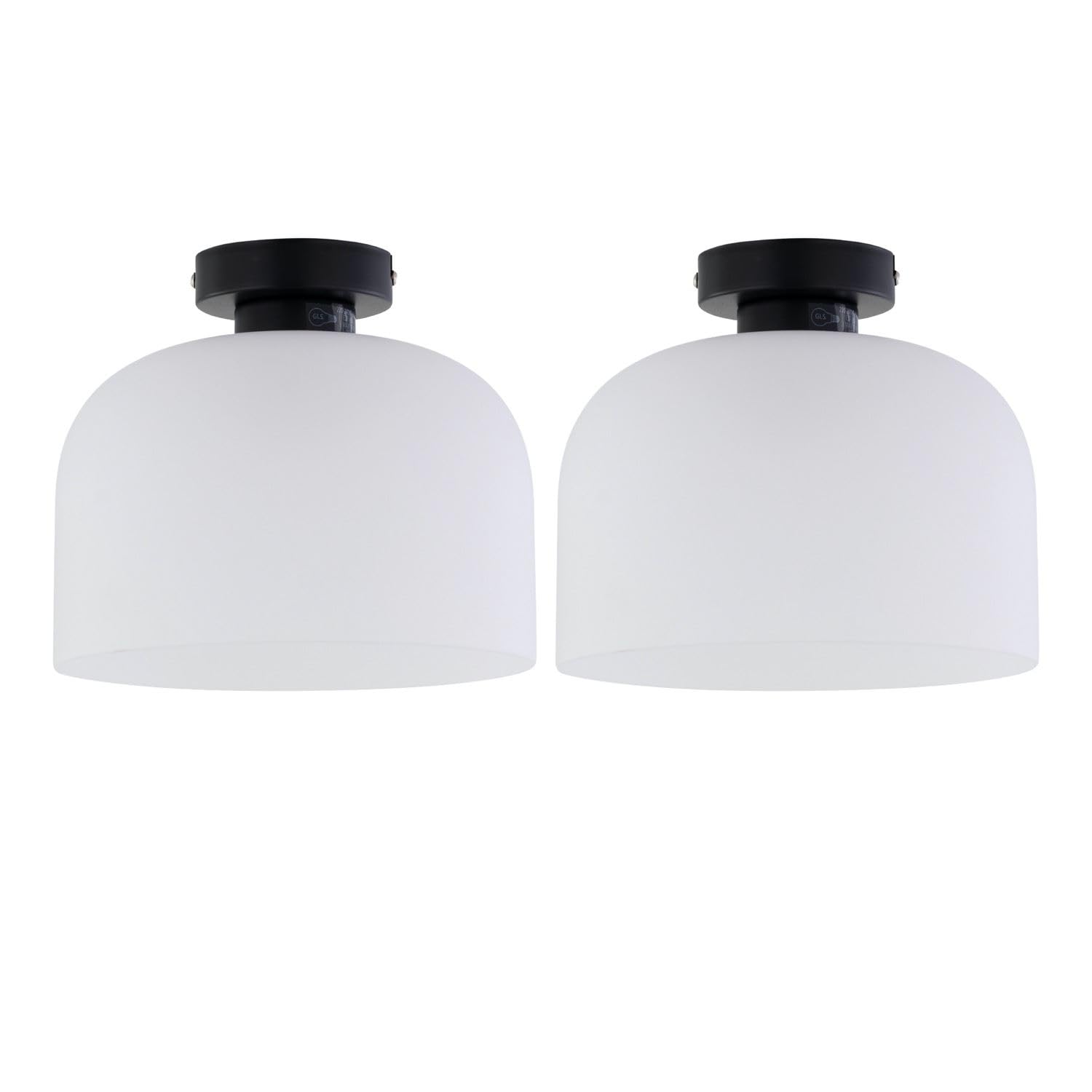 Firstchoicelighting Black & Frosted Set Of 2 Black With Frosted Glass Flush Ceiling Light Fittings, Low Ceiling Home Lighting, Height 21Cm, Diameter 24Cm