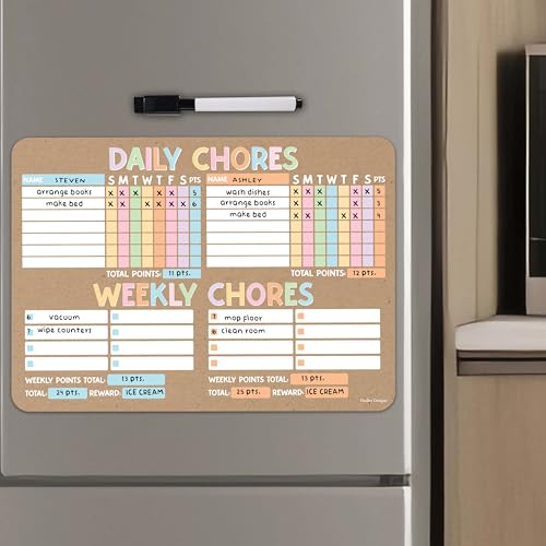 Image of Hadley Designs Magnetic Chore Chart for Kids Multiple - Chores Board for Refrigerator, Dry Erase Task Chart for 2 Kids Daily Behavior, Family Weekly Planner for Teens and Adults, Kraft Chore Board