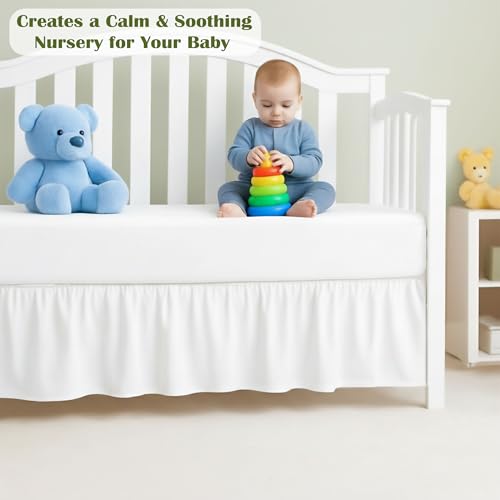Image of Luxury Crib Bed Skirt 28 inch x 52 inch with 14 Inch Drop Soft & Breathable Dust Ruffle Fits Standard Crib and Toddler Bed Nursery Microfiber Fabric Ruffle Bed Skirt for Baby Boys or Girls White Solid