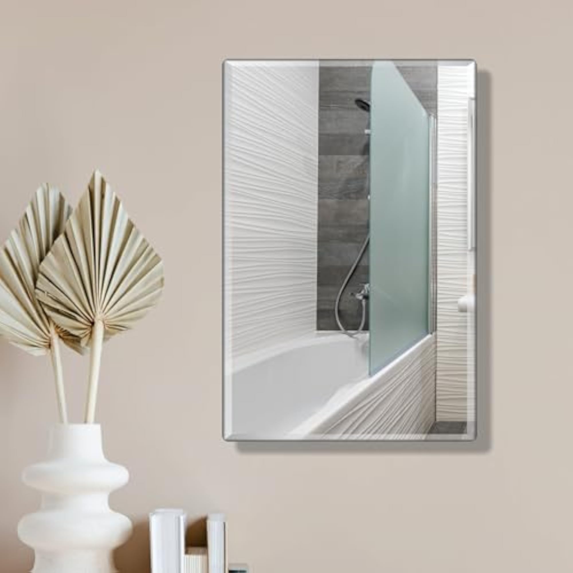 Beveled Frameless Rectangular Wall Mount HD Mirror, 12x18 Inch