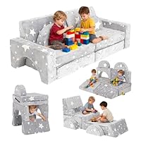 Kids Sofa Bed, 10-Piece Modular Toddler Chair Couch for Kid,Kids Play Sofa,Children Chairs Lounger Fold Out,2 Seater Baby Armchair Couch for Bedroom Playroom,Children Sofa Bed for Girls Boys (Grey)