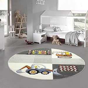 Teppich-Traum Kinderzimmer Teppich Spielteppich Baustelle Kran Bagger Straßenschilder grau Creme gelb, Größe 120 cm rund